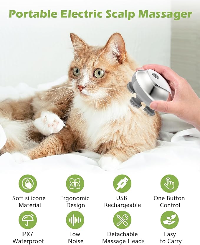 KeeKit Electric Pet Massager, Handheld Scalp Massager for Cats and Dogs, Cordless Cat Massage Tool with IPX7 Waterproof, 4 Silicone Heads, 3 Kneading Modes for Hair Growth, Deep Clean and Stress Relax