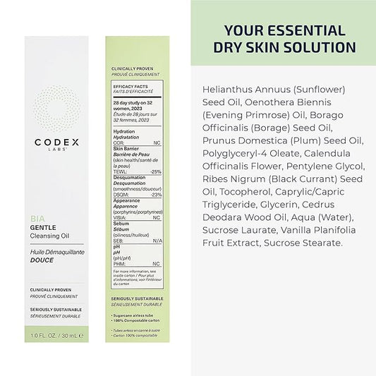 Codex Labs Bia Gentle Cleansing Oil 2.0 - Makeup Remover for Waterproof & Oil-Based Makeup - For Dry, Sensitive Skin, All Skin Types - With Ceramides & Vitamin E - Cruelty-Free, Vegan Skincare (30ml)