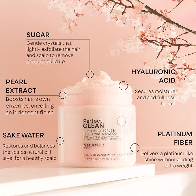 NATURELAB. TOKYO Perfect Clean Scalp Scrub LIMITED EDITION Sakura Scent:2-in-1 Hair Treatment to Clarify and Remove Product Buildup for Immense Shine I Cherry Blossom Scent | 8.1 OZ