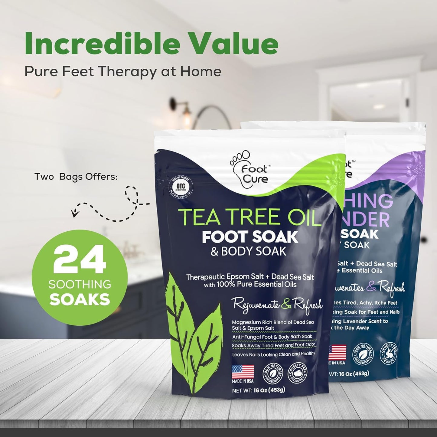 Tea Tree Oil & Soothing Lavender Foot Soak with Epsom Salt - Best Toenail Treatment & Softens Calluses - Soothes Sore & Tired Feet, Foot Odor Scent, Spa Pedicure - Made in USA - 16oz (Pack of 2)