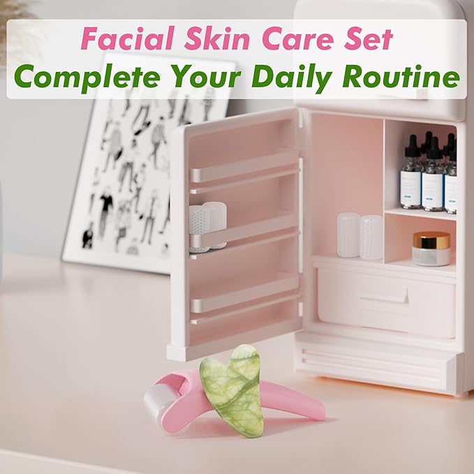 Gua Sha & Ice Roller for Face, Small Gifts, Facial Tools for Puffiness and Redness Reducing Skin Care Routine, Self Care Massage Gift for Women Men