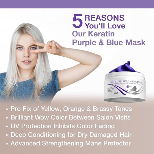 VITAMINS hair cosmetics Keratin Purple Blue Hair Mask & Keratin Shampoo Kit - Conditioning Anti Brassiness Toner for Bleached Blonde Platinum Silver White Grey Dry Damaged Hair & Nourishing Shampoo