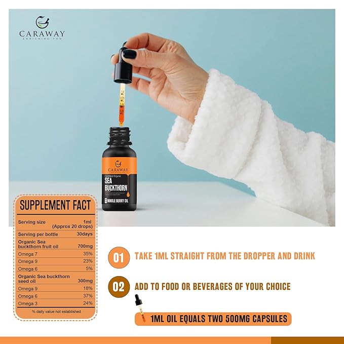 CARAWAY Sea Buckthorn Oil – Whole Berry – 1 Fl Oz | Super Critical Extract of Himalayan Sea Buckthorn Berries rich in Omega-7 Fatty Acids