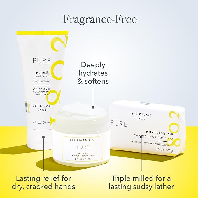 Beekman 1802 Pure Goat Milk Bodycare Minis Discovery Kit - Set of 3 - Unscented - Cleanses, Moisturizes & Hydrates - With Lactic Acid & Shea Butter - Good for Sensitive Skin - Cruelty Free