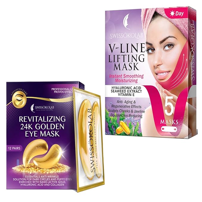 SWISSÖKOLAB Double Chin Reducer V Line Lifting Mask Face Slimming + Under Eye Patches For Puffy Eyes 24k Gold Eye Mask For Dark Circles And Puffiness Collagen Eye Gel Pads…