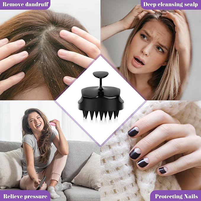 Scalp Massager Shampoo Brush with Soft Silicone Bristles for Hair Growth, Scalp Scrubber Head Massager for Dandruff Removal, Shower Hair Brush for Women Men Kids Wet Dry Hair, Black