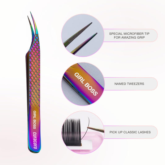 Curacoro Lash Tweezer - Professional & Precision Fiber Tip Grip Lash Tweezers for Eyelash Extensions, Multi Shapes & Purposes Tweezers for Volume, Isolation & Classic Lashes (Galaxy, Girl Boss)