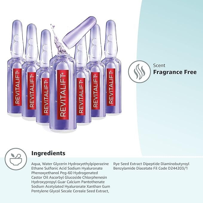 L'Oreal Paris Revitalift Derm Intensives Hyaluronic Acid Serum Ampoules 7 Day Boost Pure Hyaluronic Acid Anti-Aging Ampoules to visibly replump skin in 7 days, 7 Ampoules, 0.28 fl; oz.