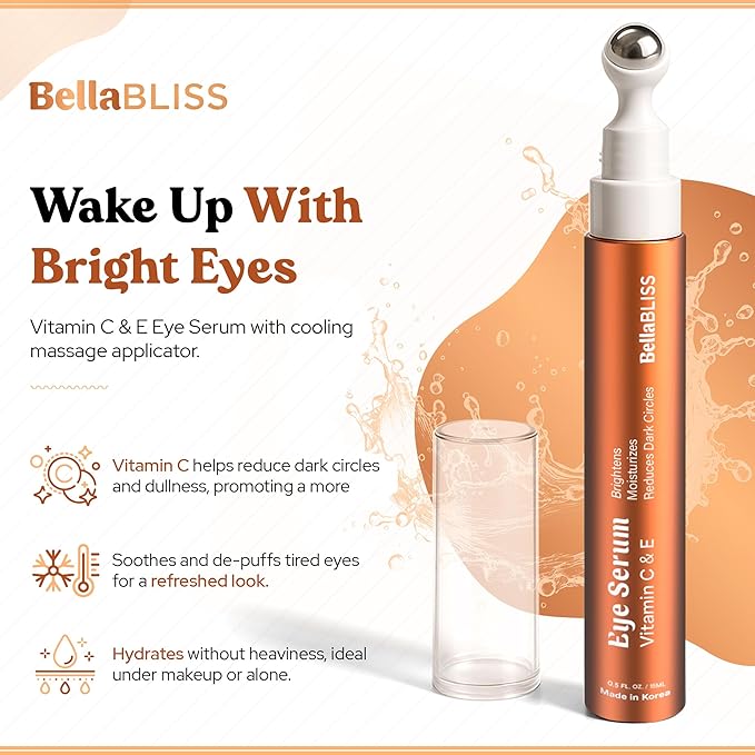 BellaBLISS Vitamin C & Vitamin E Eye Serum – Hydrating Under Eye Roller for Puffiness, Wrinkles & Dark Circles – Lightweight Cooling Formula – 0.5 fl.oz / 15 ml – Pack of 1