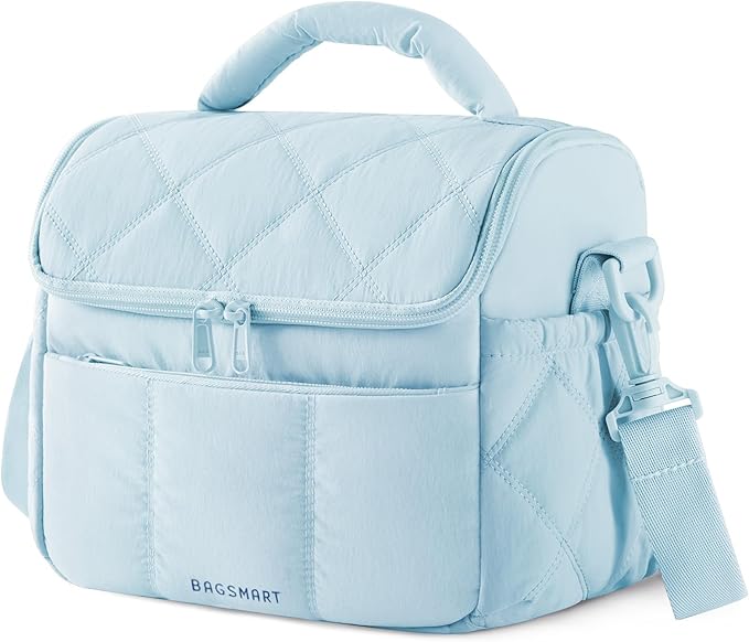 BAGSMART Insulated Lunch Bags for Women, Cute Quilted Lunch Box, Lightweight Puffy Padded Waterproof Lunch Tote, Reusable Lunch Cooler for Work Picnic Travel, Light Blue