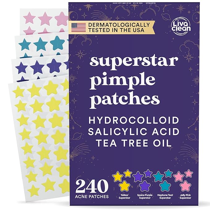 LivaClean Star Pimple Patches for Face w/Hydrocolloid, Salicylic Acid & Tea Tree, 240 Patches, Hydrocolloid Acne Patch, Cute Star Pimple Patch for Healing Stickers Zit Superstar
