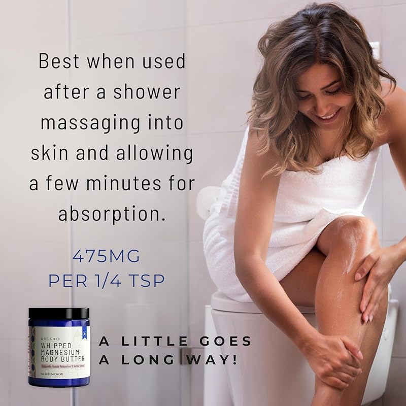 Organic Magnesium Whipped Body Butter, 4 oz Jar, Extra Strength Magnesium Chloride from Ancient Zechstein Seabed, Supports Muscle Relaxation & Better Sleep