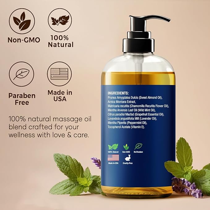 Sore Muscle Massage Oil 8 fl oz - Arnica Massage Oil for Therapy & Pain Relief - Peppermint & Lavender for Body & Muscle Relaxation - Nexon Botanics