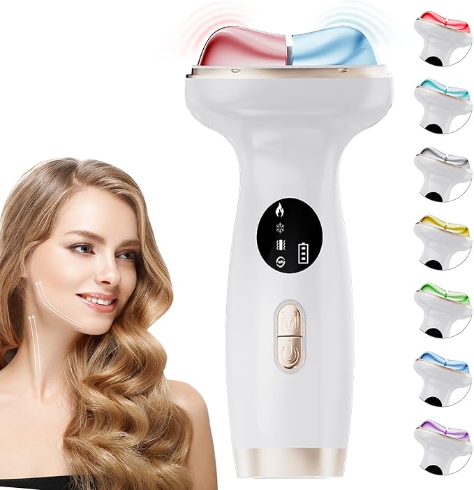 Upgraded Hot & Cold Dual Mode Face and Neck Beauty Massager, 7 in 1 LED Facial Sculptor, 7 Modes -Micro - Vibration - 7 Light -Heating -Ice Compress for Home Skin Care, Face Lift Device