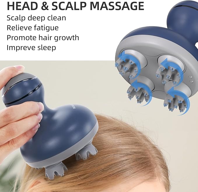 cotsoco Electric Scalp Head Massager, Scalp Hair Massage Waterproof Head Massager with 4 Heads 84 Nodes for Hair Growth and Stress Release Massage Blue