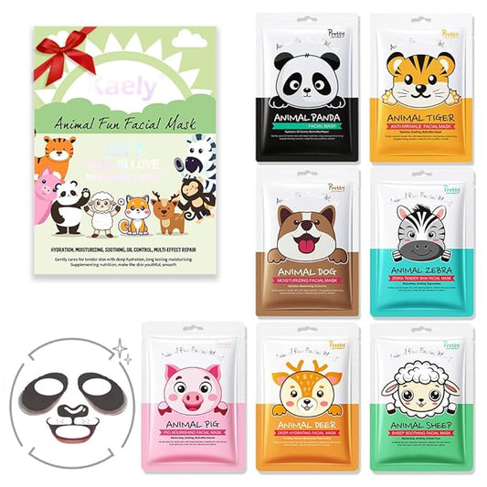 Kaely 7 Pack Animal Character Sheet Masks, Face Masks for Kids Teens Skin Care, Korean Soothe Facial Mask for All Skin Types, Girls Night Skincare Spa Party, Birthday Gifts for Women Men, Set01