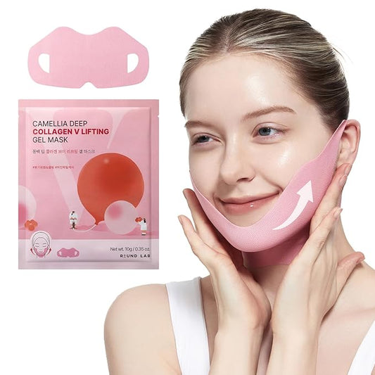 ROUND LAB Camellia Deep Collagen V Lifting Gel Mask 10g/0.35oz | face toning belt, collagen v-line mask, improves sagging skin, lifting & firming, double-chin mask, instant cooling & depuffing