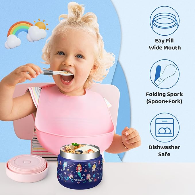 9 OZ Thermo for Hot Food - Cute Mermaid Girls Insulated Food Jar, Wide Mouth Stainless Steel Lunch Storage Food Soup Container w/Insulated Bag & BPA-Free Folding Spoon for Toddler Kids