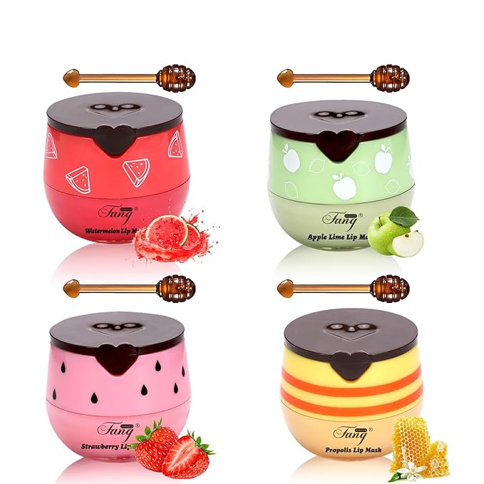 4 Pcs Honey Lip Balm, Bee Lip Balm Honey Pot,Moisturizing Lip Mask Overnight,Hydrate Repair Prevent Dry Cracked Lip Care(Honey+Strawberry+Watermelon+Apple)