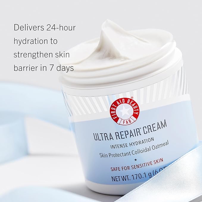 First Aid Beauty - Hydrated Glow Kit: KP Bump Eraser Body Scrub, 4 oz, Facial Radiance Pads, 28 Pads, Pure Skin Face Cleanser, 2 oz, & Ultra Repair Cream, 6oz, Hydration and Exfoliation Treatment, 4ct