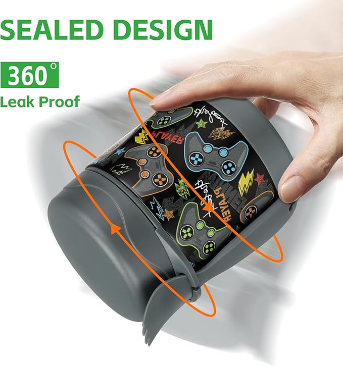 10oz Soup Thermo for Hot Food Kids Insulated Food Jar,Thermo Hot Food Lunch Container, Width Mouth Stainless Steel Lunch Box for Kids with Spoon (Black-Gamepad)