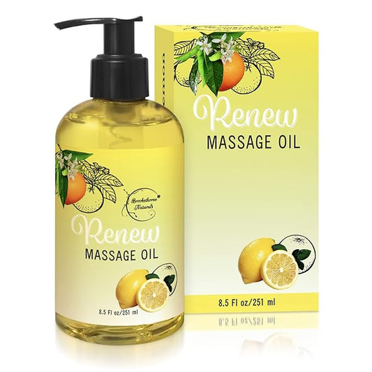 Renew Massage Oil with Orange, Lemon & Peppermint Essential Oils - Great for Massage Therapy or Home use. Ideal for Full Body – with Almond, Grapeseed & Jojoba – by Brookethorne Naturals