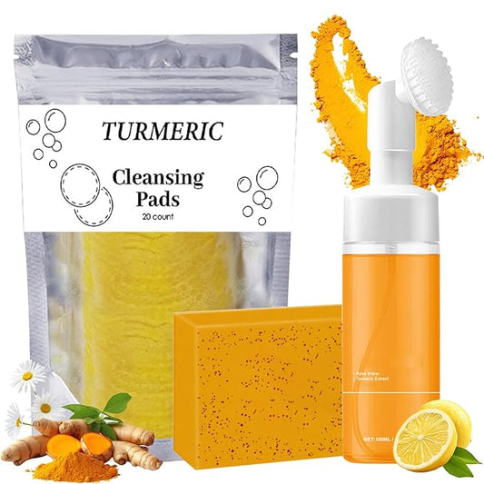Turmeric Wash and Care Three Piece Set, Tuemeric Facial Cleanser & TurmericSoap Bar & Turmeric Face Scrub Pads, Turmeric Cleansing Skincare Set for Face & Body, Deep Cleaning of the Skin