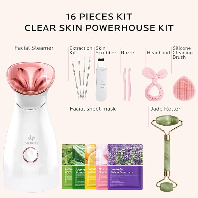 Facial Steamer Self-Care Gift Kit: Nano Ionic Face Steamer Deep Cleaning Unclogs Pores - Home Sauna Spa Humidifier Hot Mist for Women Men Sinus Moisturizing (Rose Gold)