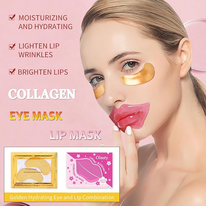 20 Pairs Lip Masks & Eye Masks, 24K Gold Gel Crystal Collagen Eye Pads, Moisturizing Lip Mask Crystal Pads, Under Eye Patches for Puffy Eyes, Dark Circles, Eye Bags, Wrinkles and Fine Lines