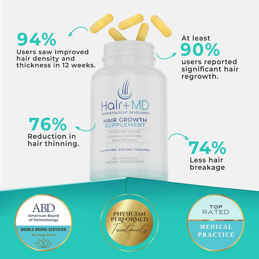 Hair Plus MD Hair Growth Supplement, 120 Capsules – Supports Hair Growth & Density – Dermatologist-Developed with Collagen & Vitamins – Gluten-Free, Toxin-Free, Non-GMO – 1 Month Supply
