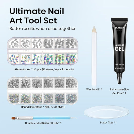 Beetles Gel Polish Nail Glue with Nail Gems Set, 15ml Nail Rhinestone Glue &120+2000Pcs Crystal Glass AB Rhinestones for Nails Art, Nail Gems with Double-Ended Clean Up Nail Brush Gifts for Girls
