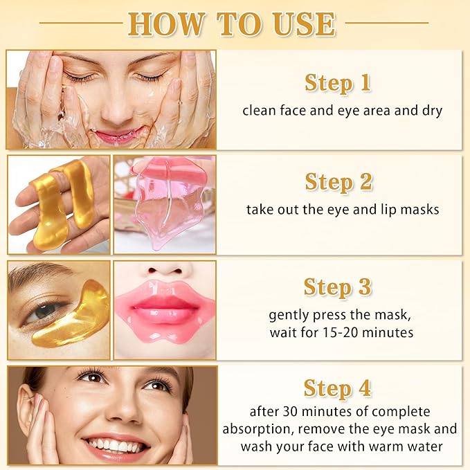 CAHIUYOA 30PCS Lip Mask and Under Eye Masks Set,Pink Lip Masks for Dry Lips 24K Gold Eye Patches for Puffy Eyes,Effective Moisturizing Skin Care