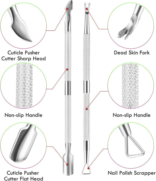 2PCS Cuticle Pusher and Cutter Remover, Xunxmas Salon Nail Scraper for Gel Polish, Stainless Steel Manicure and Pedicure Cleaner Tool for Fingernail and Toenail (Silver)