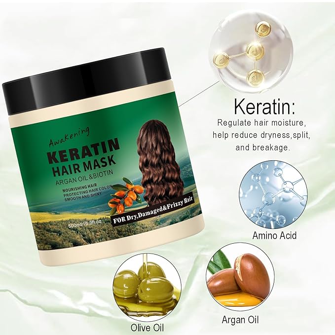 7 Day Repair Keratin Hair Mask & Treatment with Argan Oil - Hydrating, Deep Repair for Dry, Frizzy, Damaged Hair - 16.9 fl oz