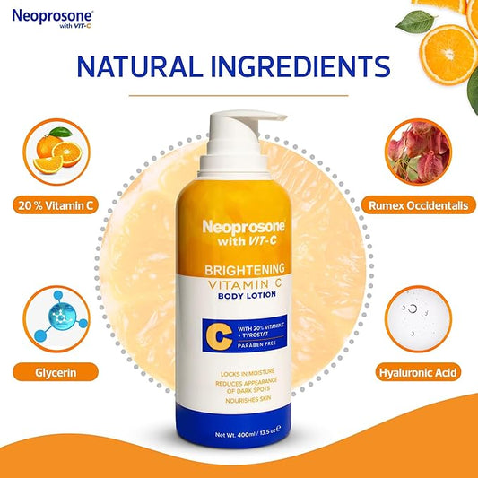 Neoprosone Brightening Body Lotion - 13.5 Fl Oz / 400ml - Formulated to Fade Dark Spots on Elbows, Knees, Neck, Body, and Intimate Parts, with Tyrostat, Shea Butter, Vitamin C, Vitamin E