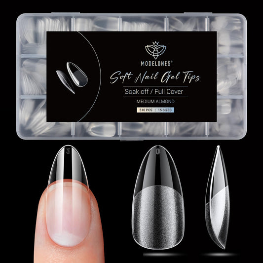 Modelones Pointed Almond Fake Nail Tips - 510Pcs Medium Gel Tips Pre-shaped Half Matte Full Cover Clear Acrylic Gel Kit False Press on Nails for Extension DIY Salon 15Sizes
