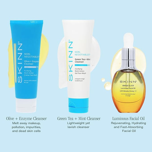 SKINN Luminous Facial Oil & Day & Night Hydrating Face Wash Skincare Bundle