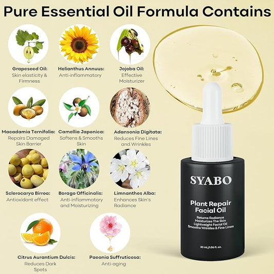 Natural Plant Derived Facial Oil - 100% Organic Anti Aging Facial Seed Oil with Grapeseed, Jojoba Oil, Vitamin E Oil, Daily Facial Oil Hydrating Moisturizer for All Skin Types