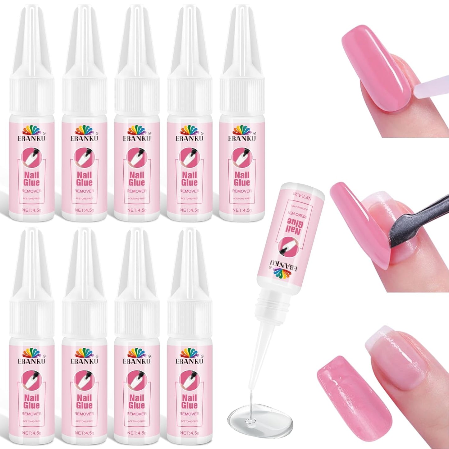 EBANKU Nail Glue Remover for Press On Nails, 10 x 15ML Gel Remover for Acrylic Tips Nail Glue Fast Acting Adhesive Gel Low Odor Liquid for Quick Removal