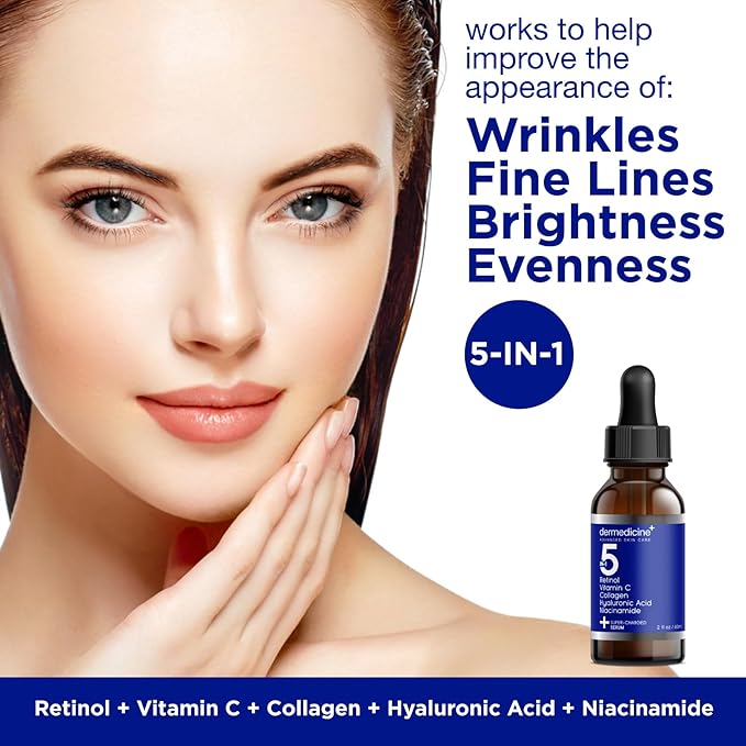 5 in 1 Potent Face Serum with Retinol, Vitamin C, Collagen, Hyaluronic Acid, Niacinamide | May Help Improve Appearance of Fine Lines and Reduce Appearance of Dark Spots | 2 fl oz / 60 ml