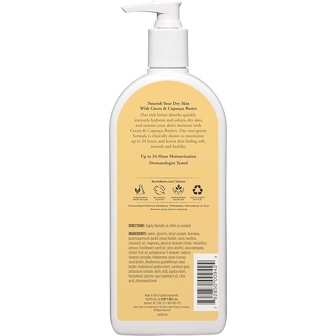 Burt’s Bees Butter Body Lotion for Dry Skin with Cocoa & Cupuaçu, 12 Oz (Package May Vary)