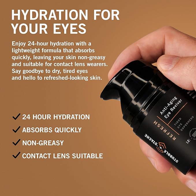 stubble & stache Refresh Under Eye Cream for Men – Reduces Puffiness, Smooths Fine Lines, Brightens Tired Eyes – With Acmella, Caffeine & Hyaluronic Acid – Fast-Absorbing, Fragrance-Free – 1oz