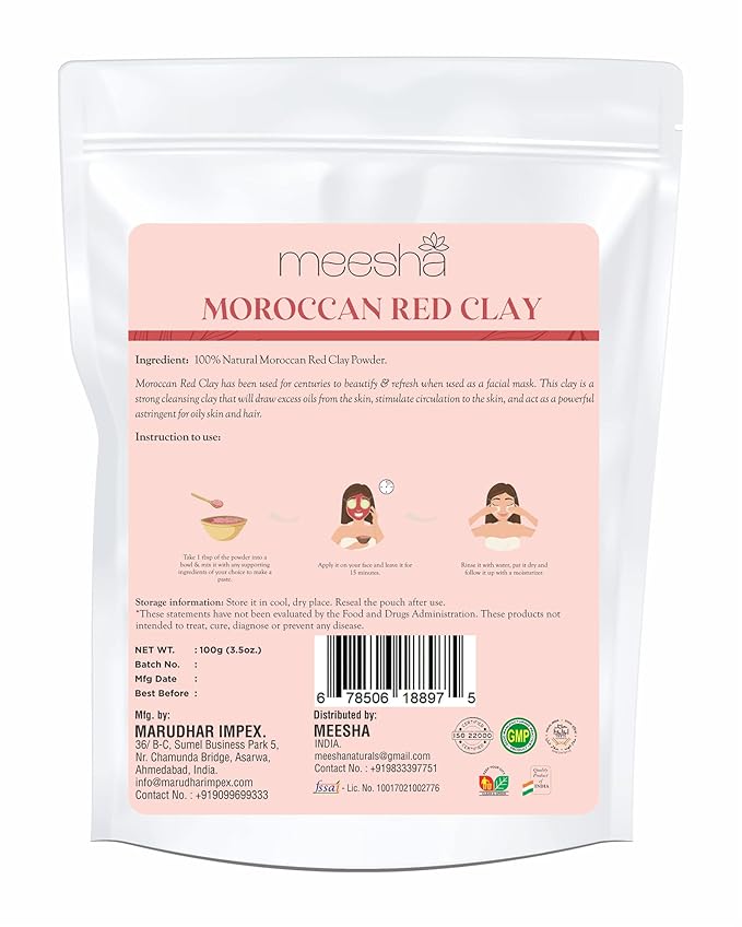 meesha Moroccan Red Clay Powder Red Clay | 3.5 oz (100g) | Detoxifying, cleansing, oil-absorbing, hair-conditioning clay | DIY face masks, body scrubs, dry shampoo, hair shampoo| 100% Natural