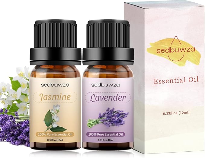 Sedbuwza Lavender Jasmine Essential Oil Set, Lavender Fragrance Oil Jasmine Scent Oil Set for Diffuser, Aromatherapy, Massage, Soap, Candle Making 2 x 10 ml