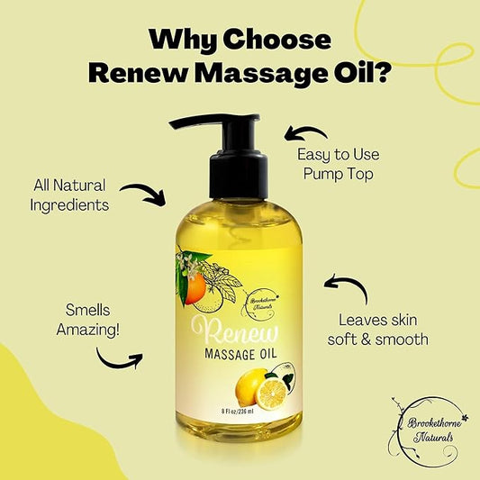 Renew Massage Oil with Orange, Lemon & Peppermint Essential Oils - Great for Massage Therapy or Home use. Ideal for Full Body – with Almond, Grapeseed & Jojoba – by Brookethorne Naturals