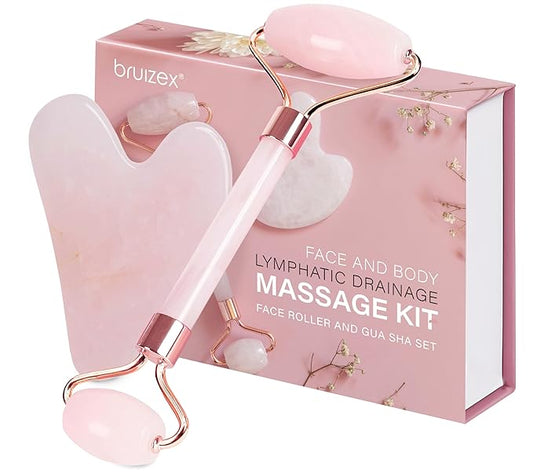 Bruizex Lymphatic Drainage Face Massager Set: Rose Quartz Face Roller & Gua Sha Facial Tool for Lymphatic Massage, Muscle Tension Relief, Skin Care, For Lymphatic Massage Oil, Serum & Face Cream