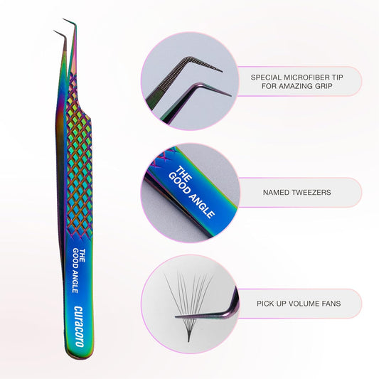 Curacoro Lash Tweezer - Professional & Precision Fiber Tip Grip Lash Tweezers for Eyelash Extensions, Multi Shapes & Purposes Tweezers for Volume, Isolation & Classic Lashes (Galaxy, The Good Angle)