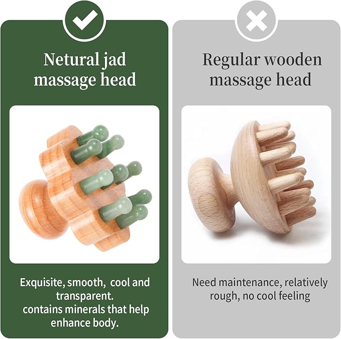 Natual Jade Massage Head, with Wooden Hander Comb,for Scalp Massager, Head Ficial, Body Acupressure Tool,gua sha Scraping, Relieve Fatigue,Stress Relax Device,for Hair Growth (Green)