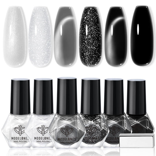 modelones Nail Polish Set, 6 Colors White Black Nail Polish with Magnet Glitter Cat Eye Magnetic Non Toxic Quick Dry Fingernail Polish Salon Home DIY Gifts For Women Girl