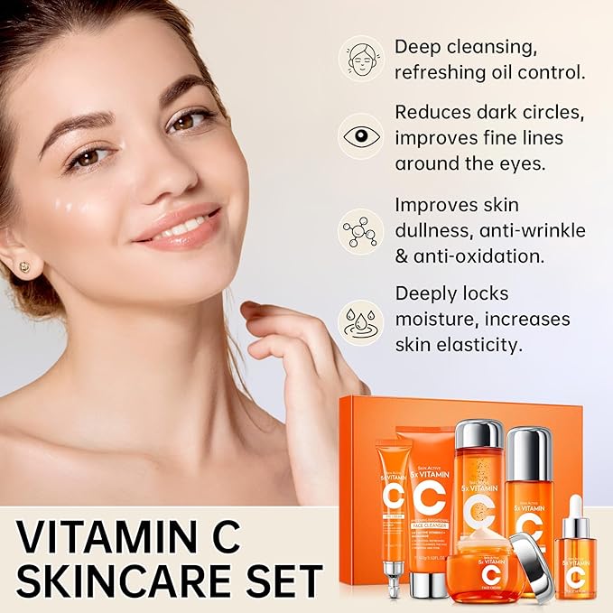 Vitamin C Skincare Set, 6-In-1 Skincare Gift Set With Facial Cleanser, Toner, Eye Cream, Serum, Lotion & Face Cream, Moisturizing Face Skin Care Kit for Anti-Aging, Anti-Wrinkle